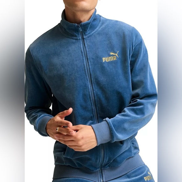 NWOT Men’s Puma ESS+Minimal Gold Velour Track Jacket in Blue Horizon Color, M - Picture 3 of 5